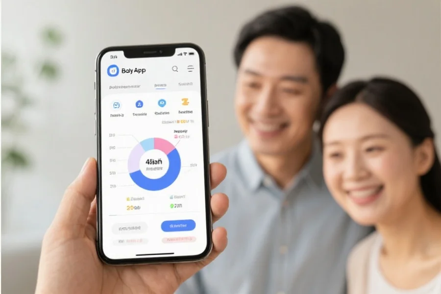 手机屏幕上显示一款育儿App的需求记录统计图，包括喂奶、换尿布、睡眠等数据，旁边有家长微笑查看